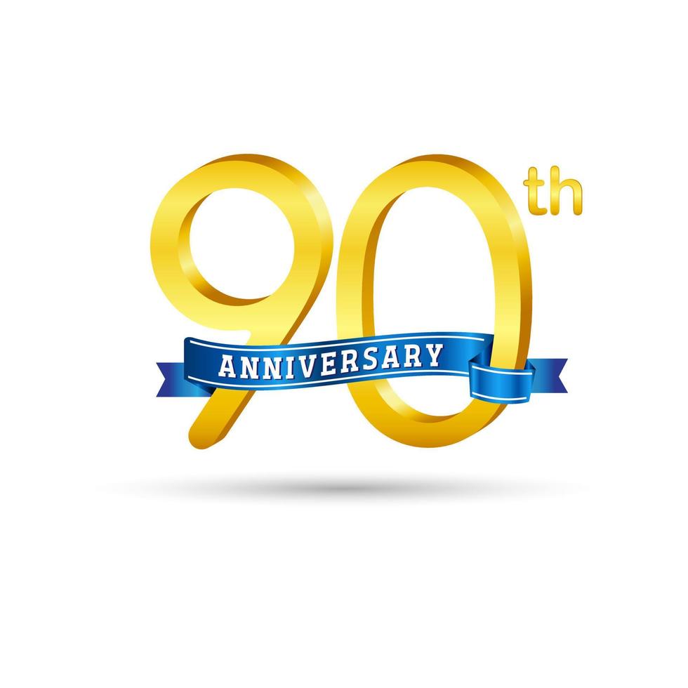 Logo del 90 aniversario de oro con cinta azul aislada en fondo blanco. logotipo de aniversario de oro 3d vector