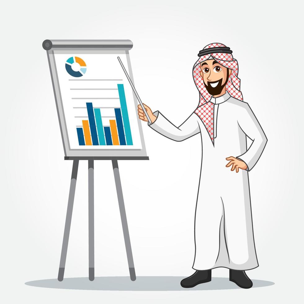 Arabic Businessman cartoon Character in traditional clothes doing a presentation vector