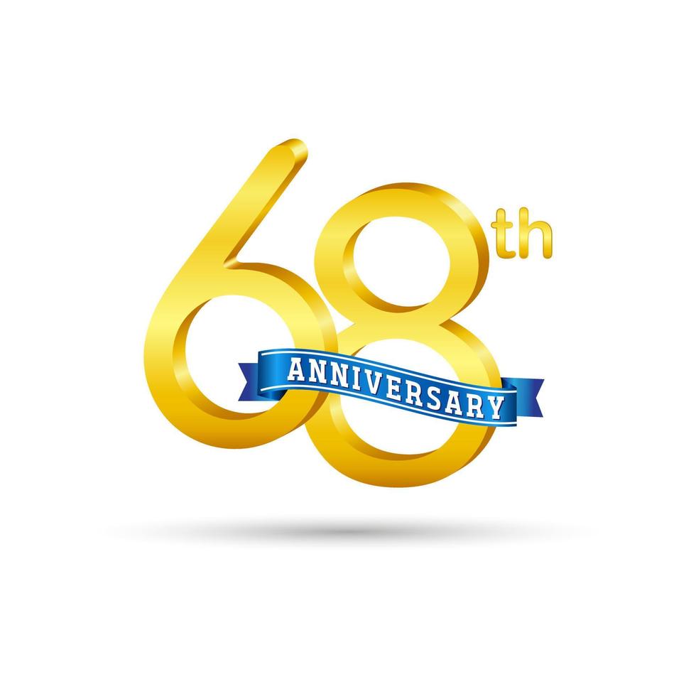 Logotipo del 68.º aniversario de oro con cinta azul aislada en fondo blanco. logotipo de aniversario de oro 3d vector