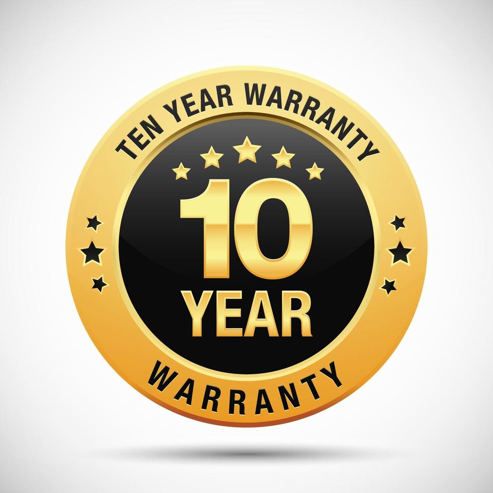 10 years warranty golden badge isolated on white background vector