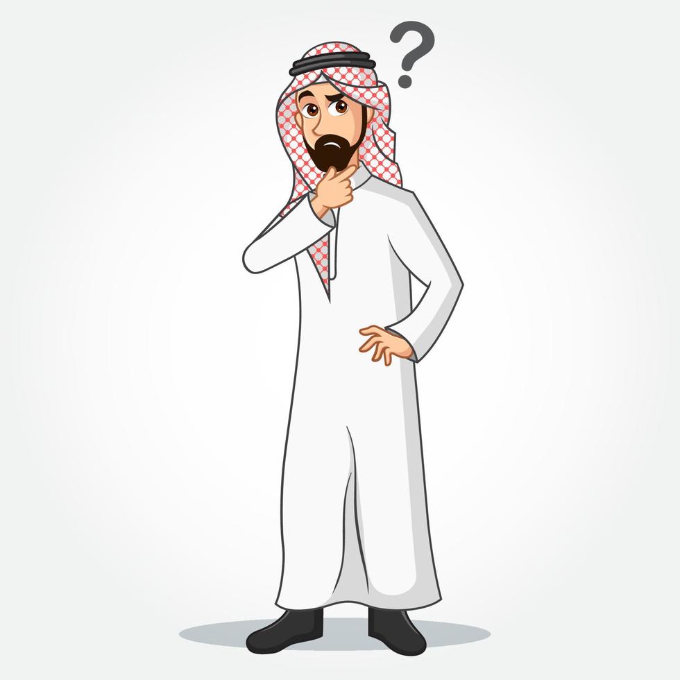 Arabic Businessman cartoon Character in traditional clothes thinking with Question mark icon vector