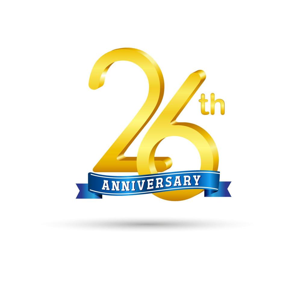 Logotipo del 26 aniversario de oro con cinta azul aislada en fondo blanco. logotipo de aniversario de oro 3d vector