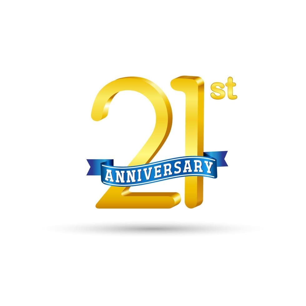 Logotipo del 21 aniversario de oro con cinta azul aislada en fondo blanco. logotipo de aniversario de oro 3d vector