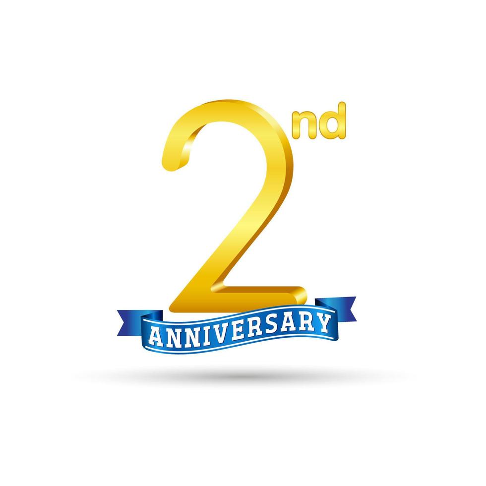 2nd golden Anniversary logo with blue ribbon isolated on white background. 3d gold Anniversary logo vector