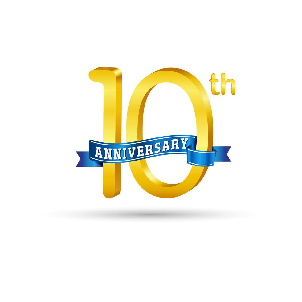 10th golden Anniversary logo with blue ribbon isolated on white background. 3d gold Anniversary logo vector