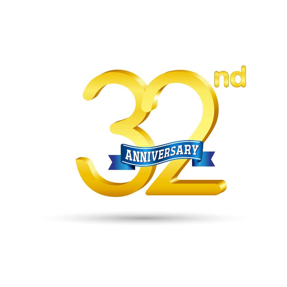 32nd golden Anniversary logo with blue ribbon isolated on white background. 3d gold Anniversary logo vector