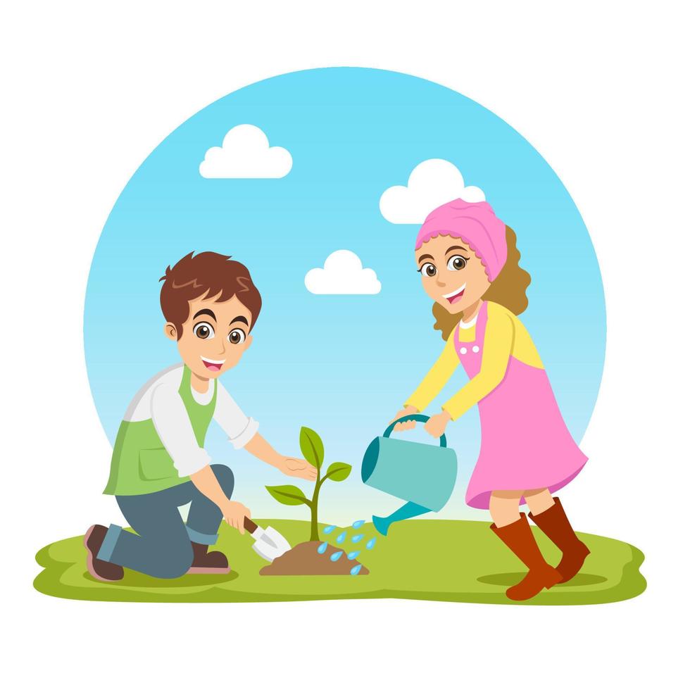 linda caricatura de niño y niña plantando y regando el árbol en el jardín vector