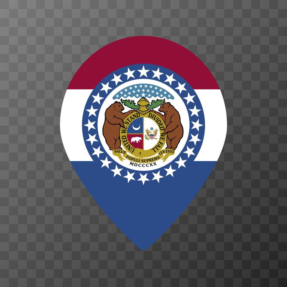 Map pointer with flag Missouri state. Vector illustration.