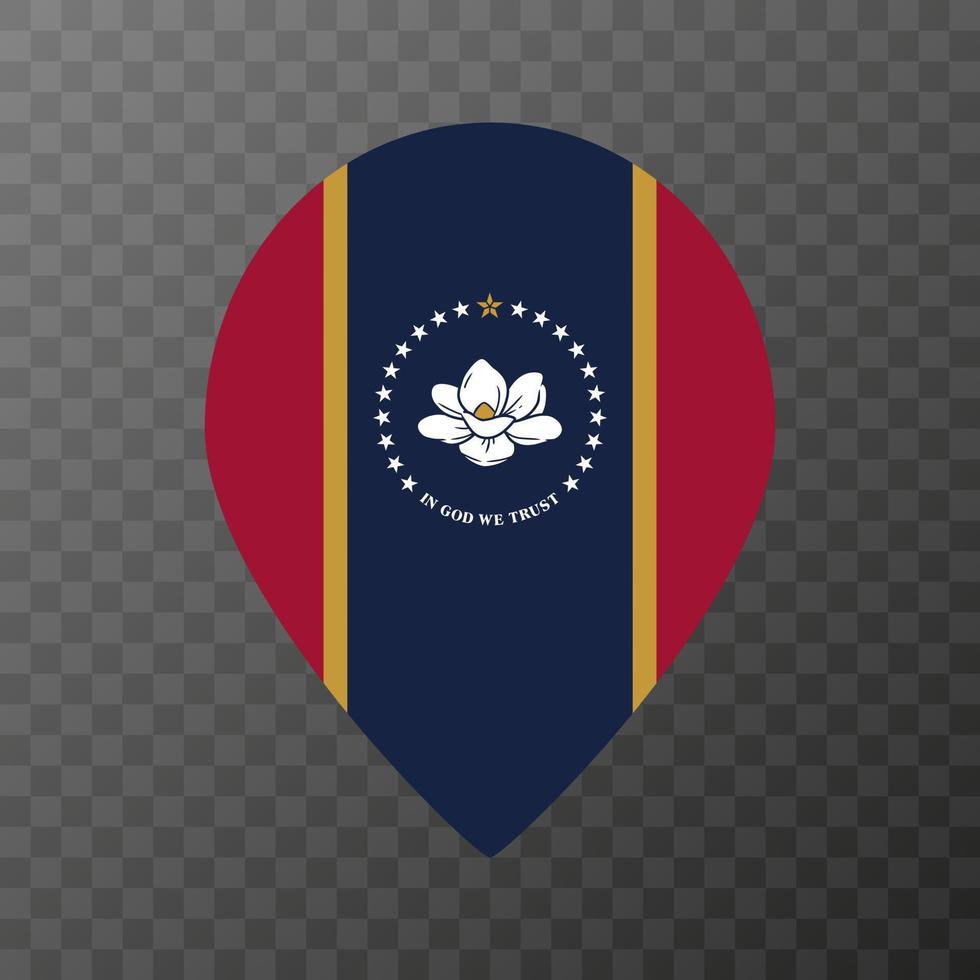 Map pointer with flag Mississippi state. Vector illustration.