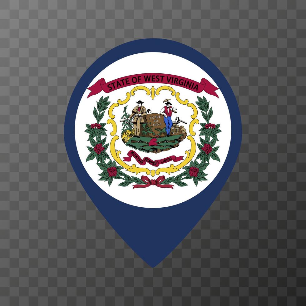 Map pointer with flag West Virginia state. Vector illustration.