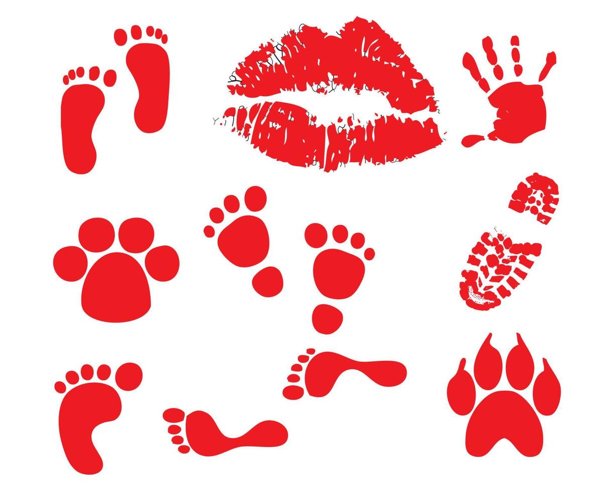 Huellas de siluetas de zapatos humanos, conjunto de vectores, aislado sobre fondo blanco. zapatos con suela estampada. huellas de pies, botas, zapatillas de deporte. icono de visualización descalzo, labios y perro vector