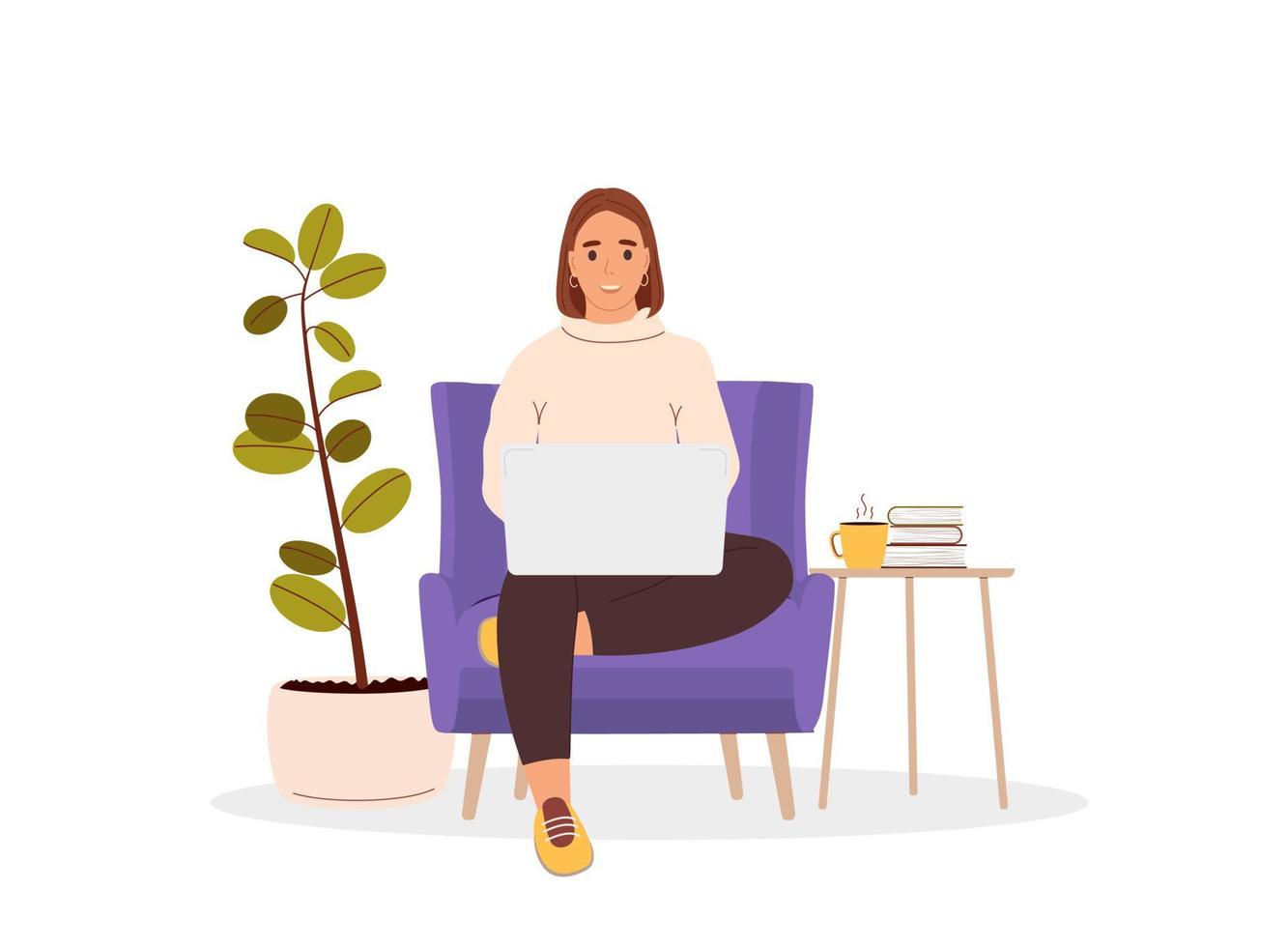 mujer feliz en una silla con una computadora portátil trabajando desde casa, estudiando o trabajando independientemente. persona de negocios inconformista. concepto de trabajo de oficina virtual.ilustración vectorial en estilo plano aislado en fondo blanco vector