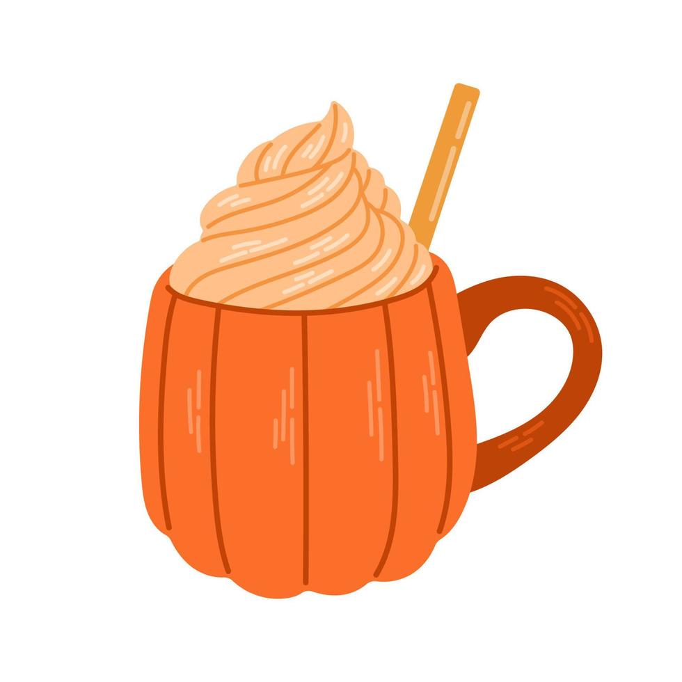 taza de café con leche con especias de calabaza para el menú de otoño o el diseño de tarjetas de felicitación. ilustración vectorial vector