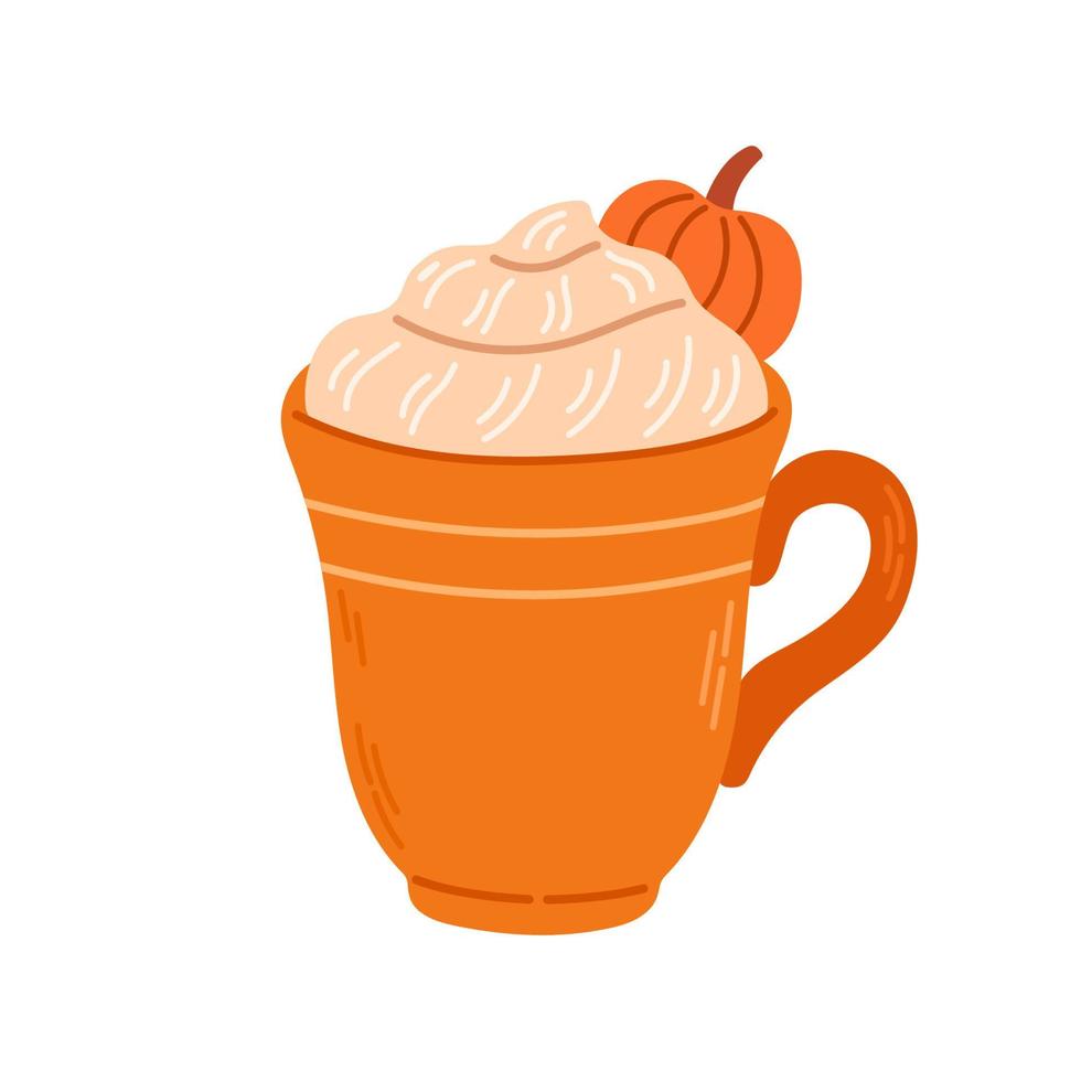 taza de café con leche con especias de calabaza para el menú de otoño o el diseño de tarjetas de felicitación. ilustración vectorial vector