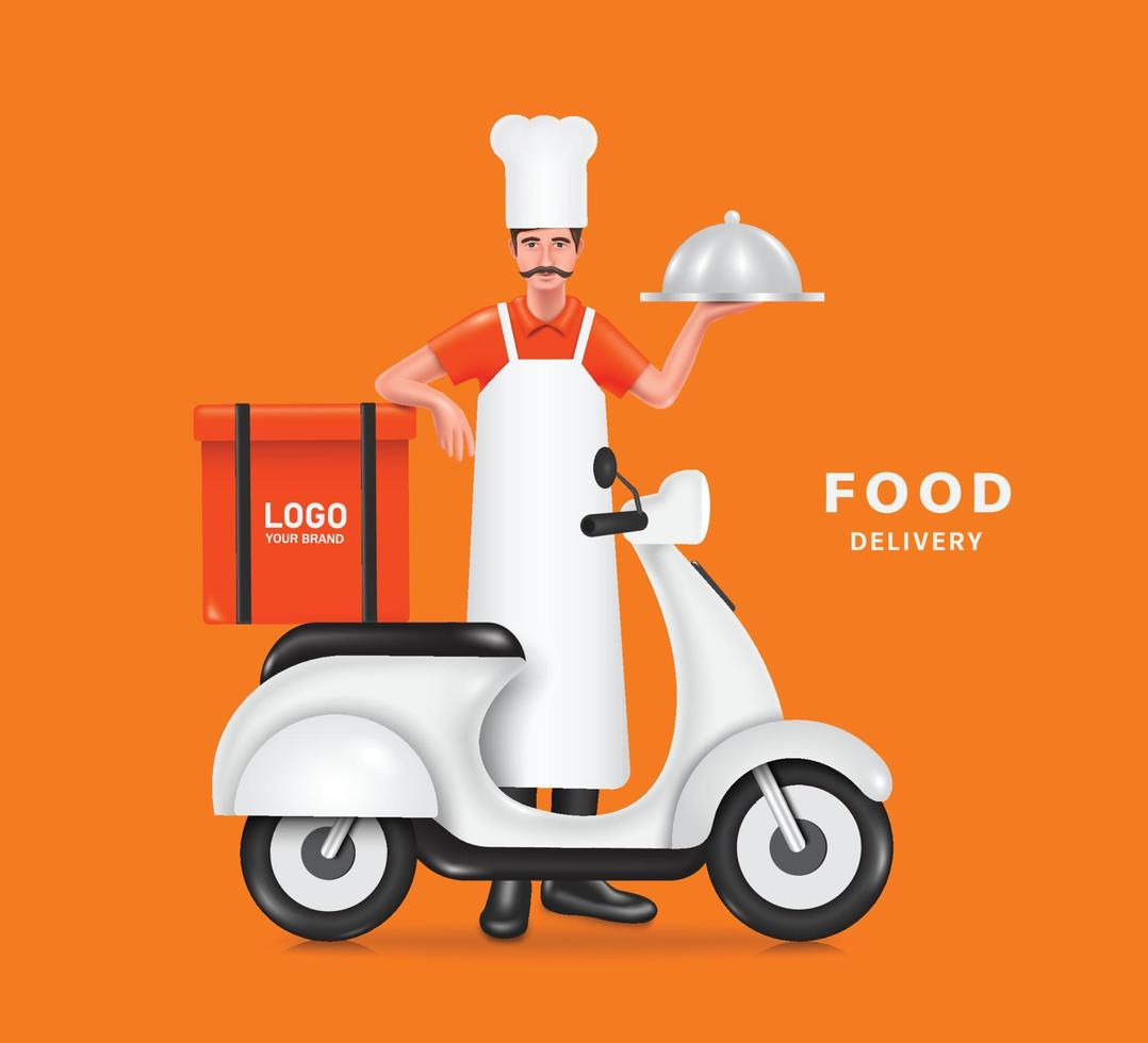 Chef wearing hat and apron is holding covered food to deliver to customer himself and there is motorcycle or scooter parked front vector
