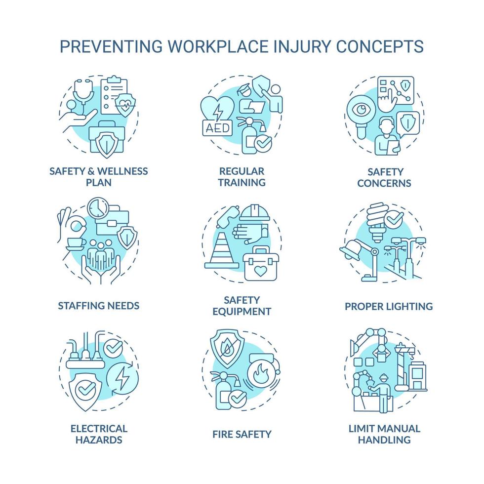Avoiding workplace injury turquoise concept icons set. Employee health and safety idea thin line color illustrations. Isolated symbols. Editable stroke vector
