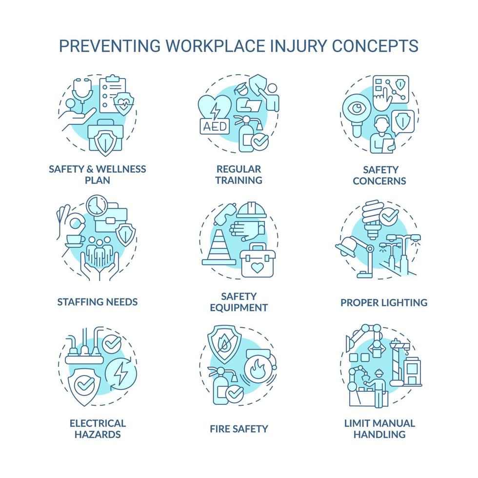 evitar lesiones en el lugar de trabajo conjunto de iconos de concepto turquesa. ideas de salud y seguridad de los empleados ilustraciones en color de línea delgada. símbolos aislados. trazo editable vector