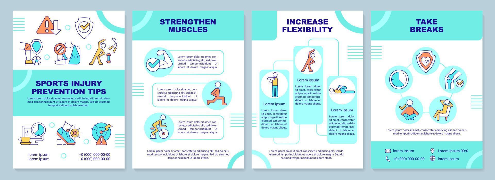 Sports injury prevention tips blue brochure template. Leaflet design with linear icons. Editable 4 vector layouts for presentation, annual reports