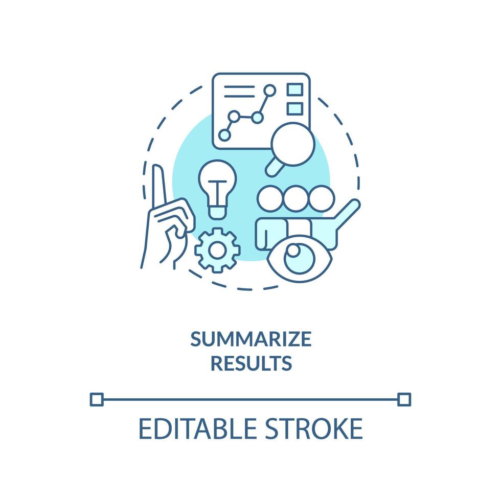resumir los resultados icono de concepto turquesa. concluir la investigación. resumir y analizar la ilustración de línea delgada de idea abstracta. dibujo de contorno aislado. trazo editable vector