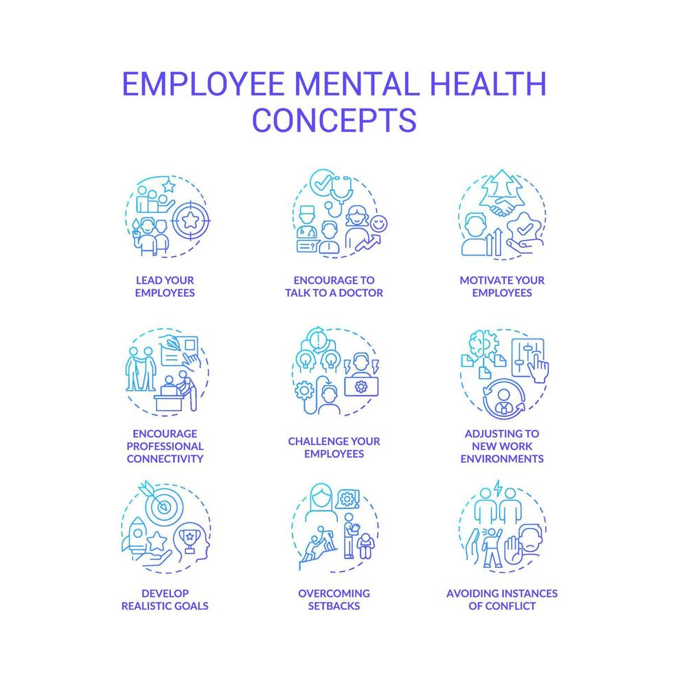 Employee mental health blue gradient concept icons set. Workforce resilience. Caring work environment idea thin line color illustrations. Isolated symbols vector