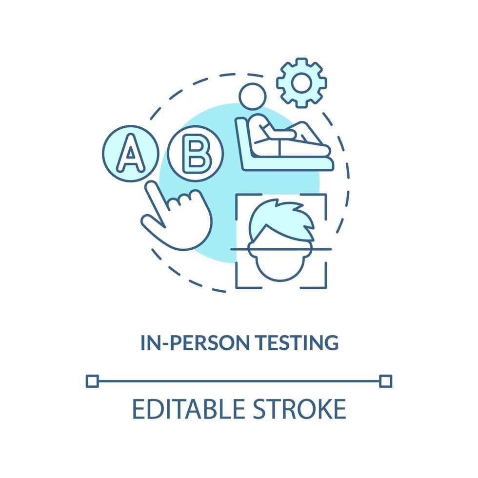 In-person testing turquoise concept icon. User physically present research. Assess abstract idea thin line illustration. Isolated outline drawing. Editable stroke vector