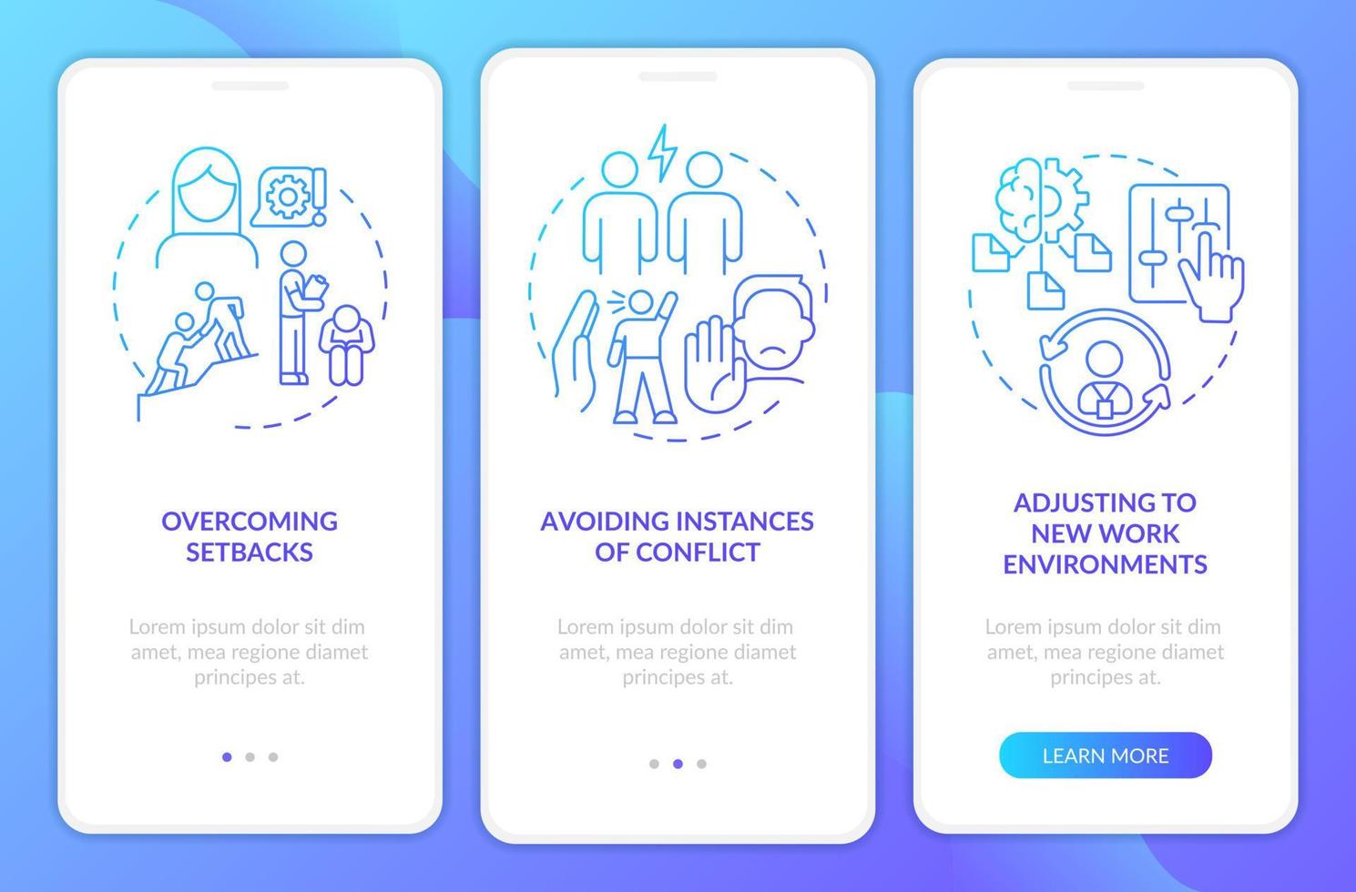 Flexible workers blue gradient onboarding mobile app screen. Stress management walkthrough 3 steps graphic instructions with linear concepts. UI, UX, GUI template vector