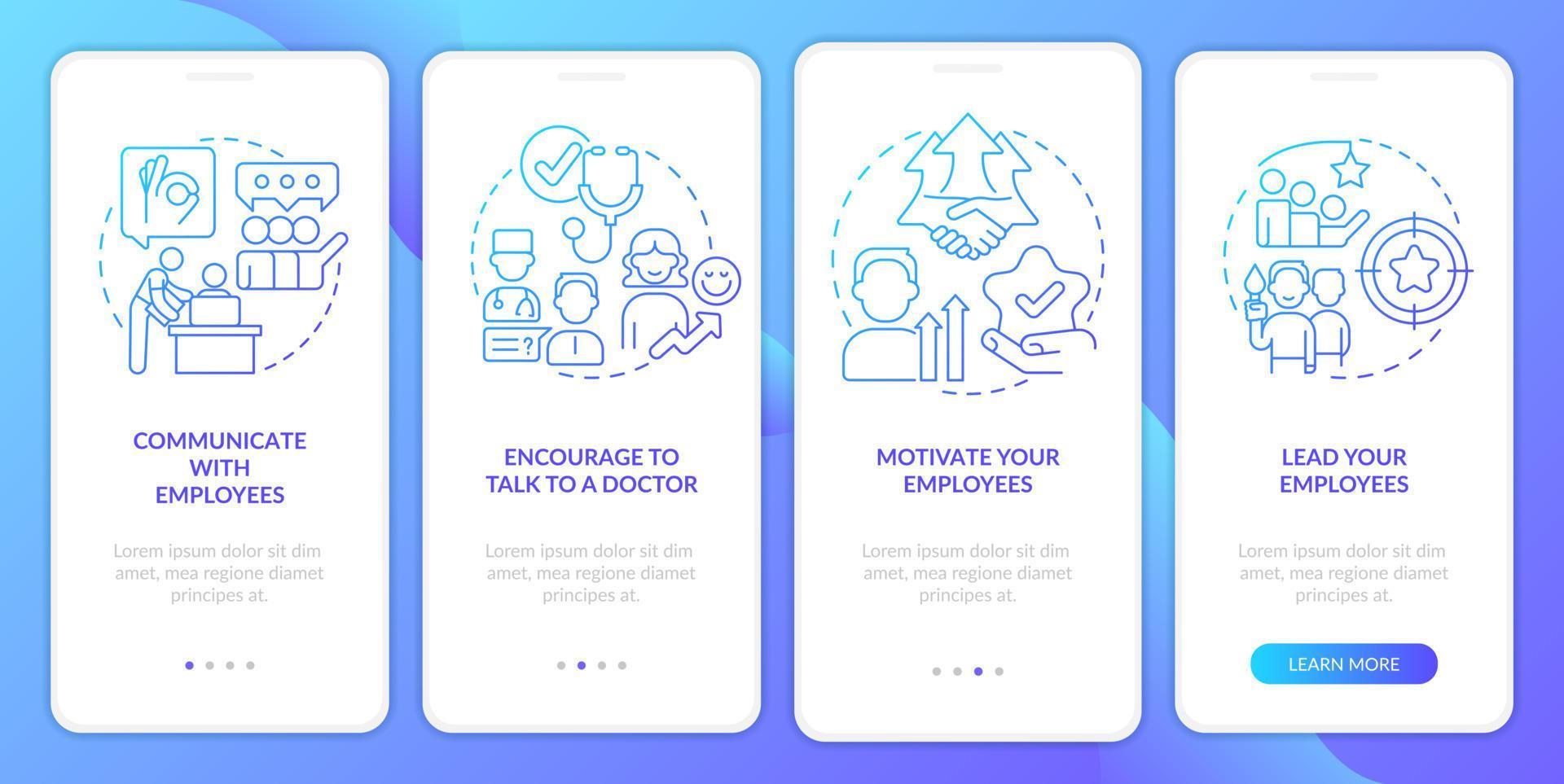 Caring leadership blue gradient onboarding mobile app screen. Empower employees walkthrough 4 steps graphic instructions with linear concepts. UI, UX, GUI template vector