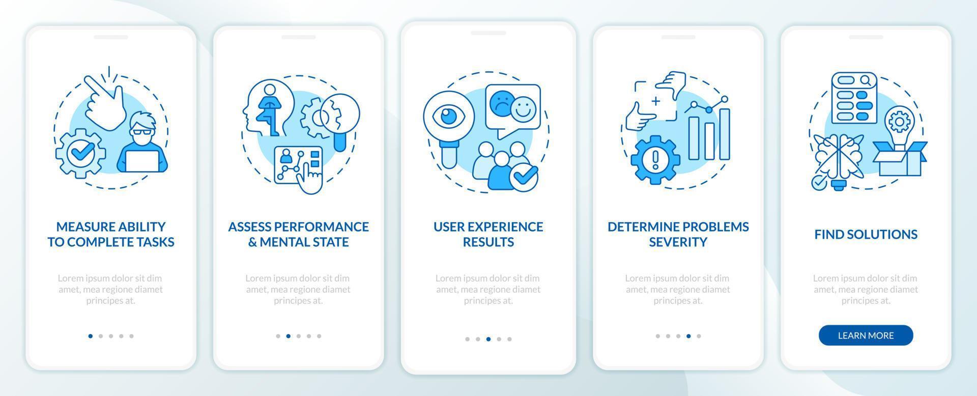 Usability test aims blue onboarding mobile app screen. User experience walkthrough 5 steps editable graphic instructions with linear concepts. UI, UX, GUI template vector