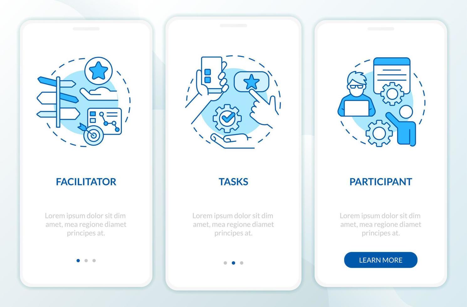 Structure of usability test session blue onboarding mobile app screen. Walkthrough 3 steps editable graphic instructions with linear concepts. UI, UX, GUI template vector