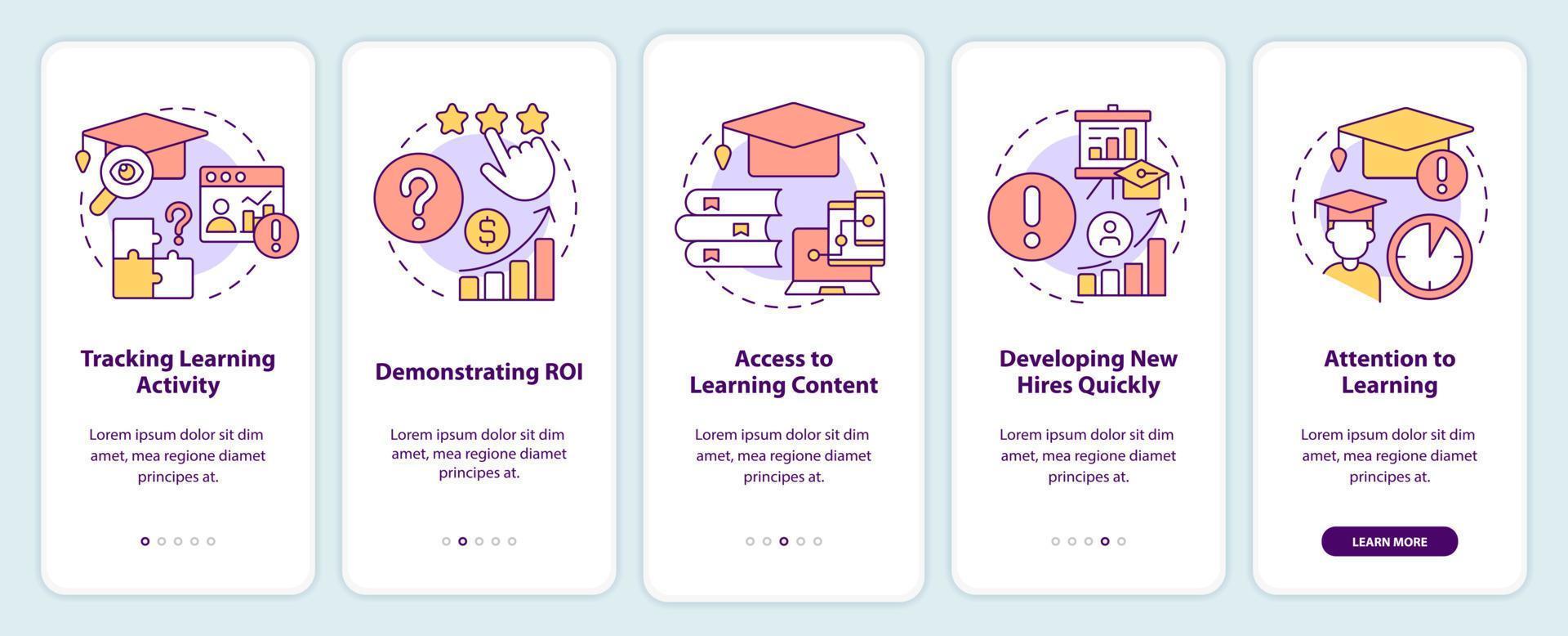 Challenges of corporate learning onboarding mobile app screen. Walkthrough 5 steps editable graphic instructions with linear concepts. UI, UX, GUI template vector