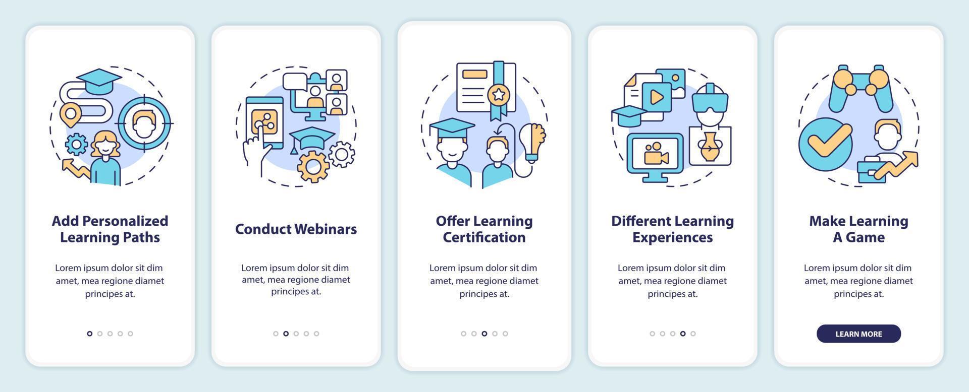 Improve online corporate training onboarding mobile app screen. Walkthrough 5 steps editable graphic instructions with linear concepts. UI, UX, GUI template vector