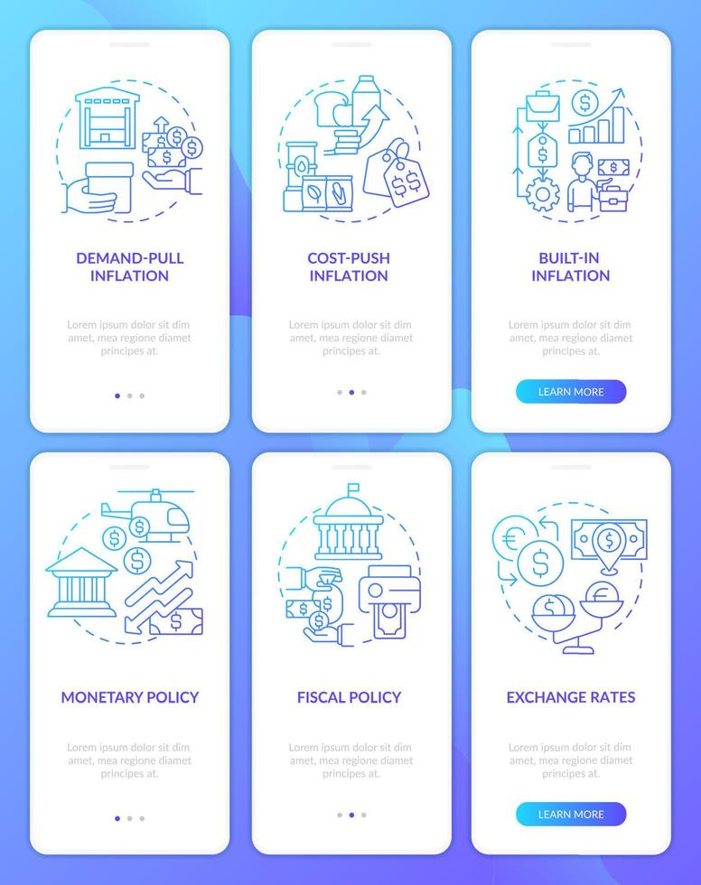 Inflation types and causes blue gradient onboarding mobile app screen set. Walkthrough 3 steps graphic instructions with linear concepts. UI, UX, GUI template vector