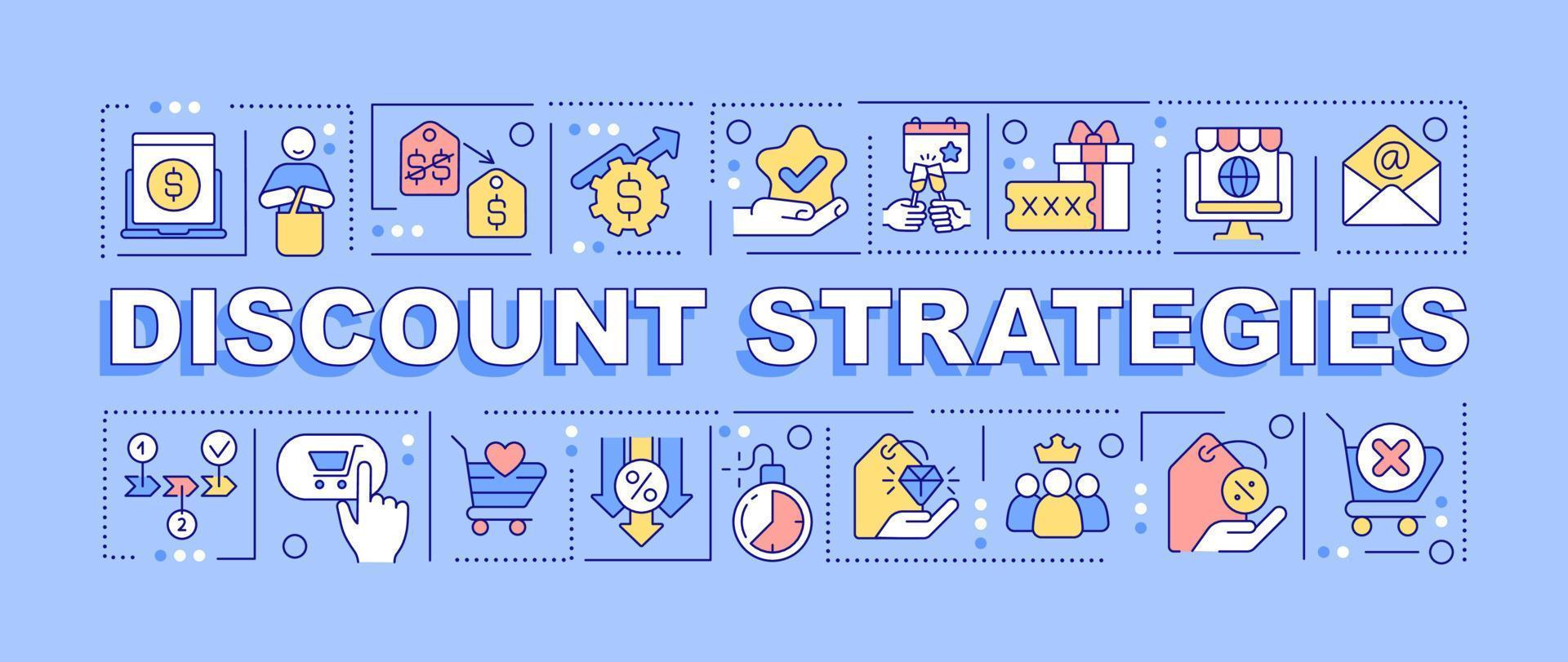 Discount strategies word concepts blue banner. Marketing. Infographics with editable icons on color background. Isolated typography. Vector illustration with text
