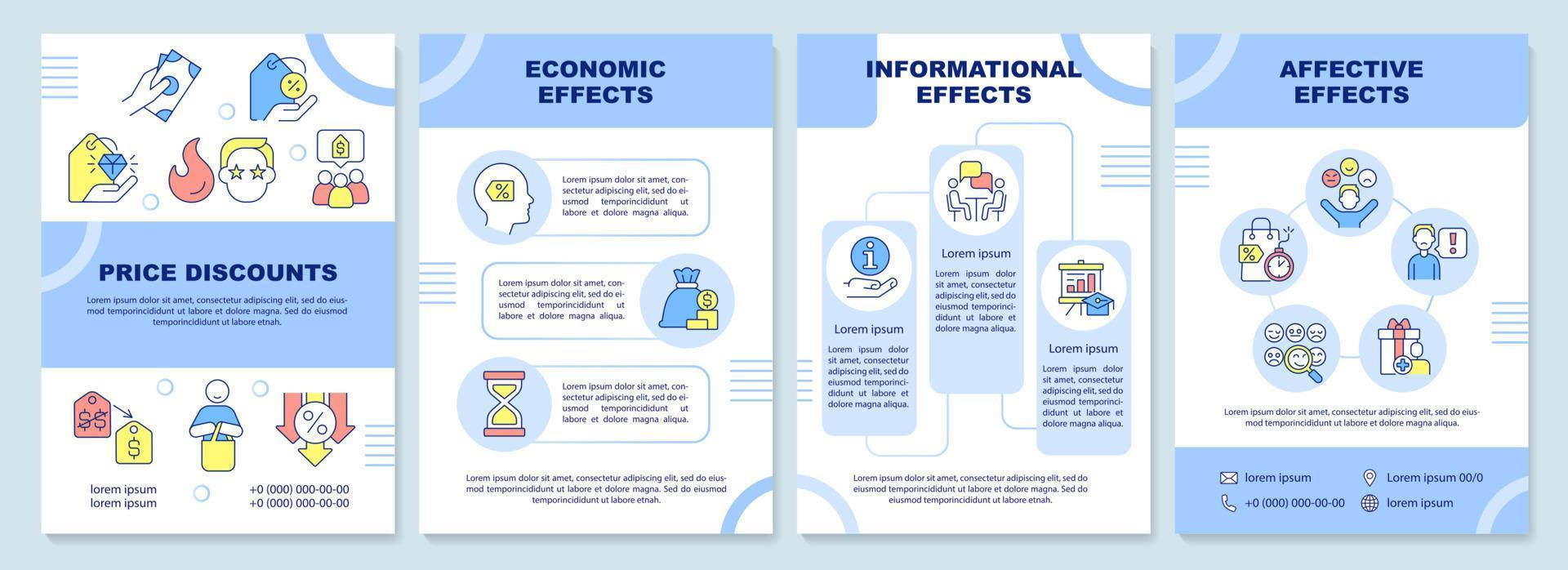 Effects of price discounts blue brochure template. Leaflet design with linear icons. Editable 4 vector layouts for presentation, annual reports