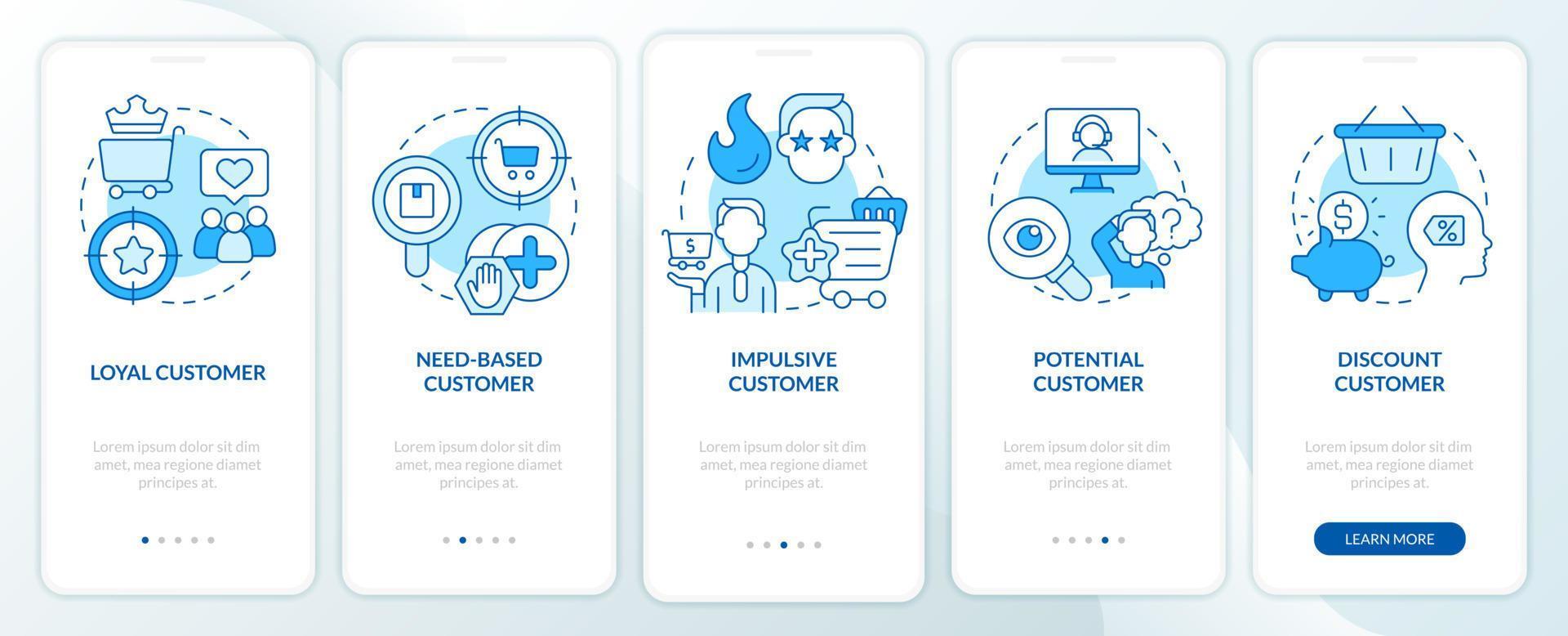 Types of customers blue onboarding mobile app screen. Business clients walkthrough 5 steps editable graphic instructions with linear concepts. UI, UX, GUI template vector
