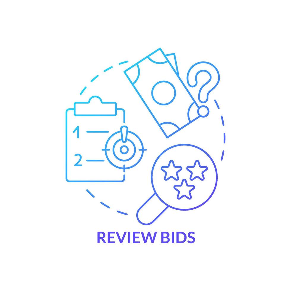 Review bids blue gradient concept icon. Procurement management plan abstract idea thin line illustration. Preliminary examination. Bid evaluation. Isolated outline drawing vector