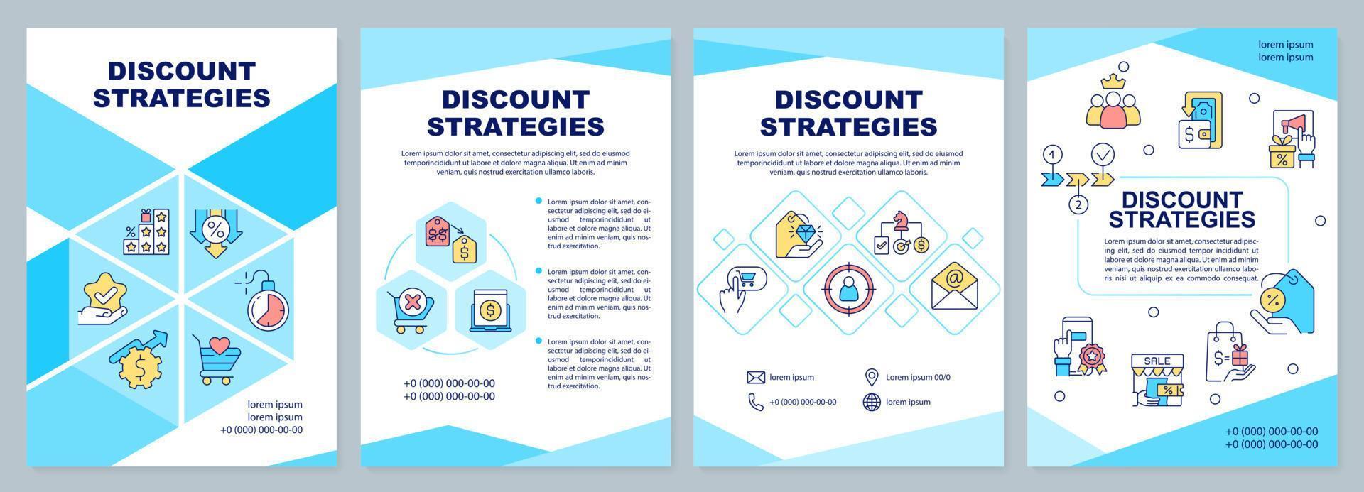 plantilla de folleto azul de estrategias de descuento. plan de negocios. diseño de folletos con iconos lineales. 4 diseños vectoriales editables para presentación, informes anuales vector