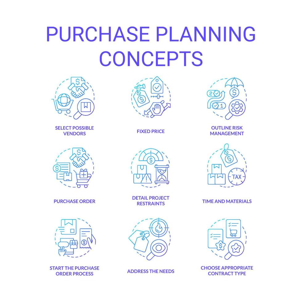 Purchase planning blue gradient concept icons set. Procurement order process idea thin line color illustrations. Risk management. Isolated symbols vector