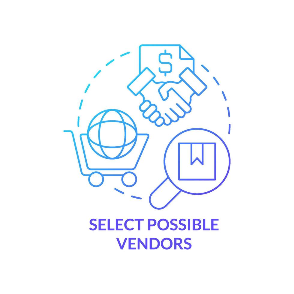 Select possible vendors blue gradient concept icon. Basic procurement step abstract idea thin line illustration. Choose supplier. Required products. Isolated outline drawing vector