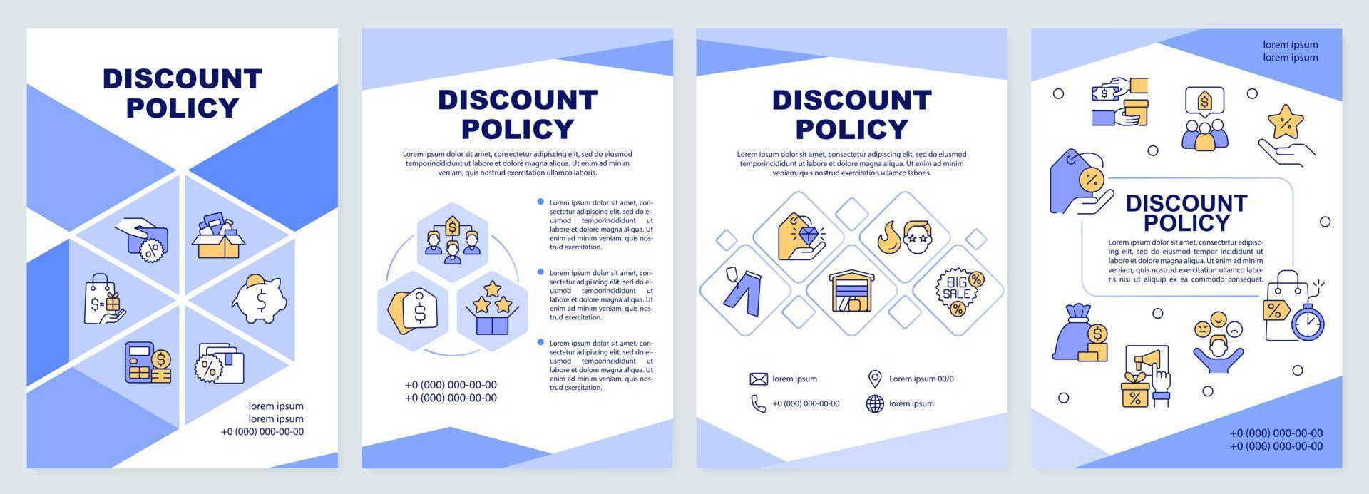 plantilla de folleto azul de política de descuento. estrategia de venta diseño de folletos con iconos lineales. 4 diseños vectoriales editables para presentación, informes anuales vector