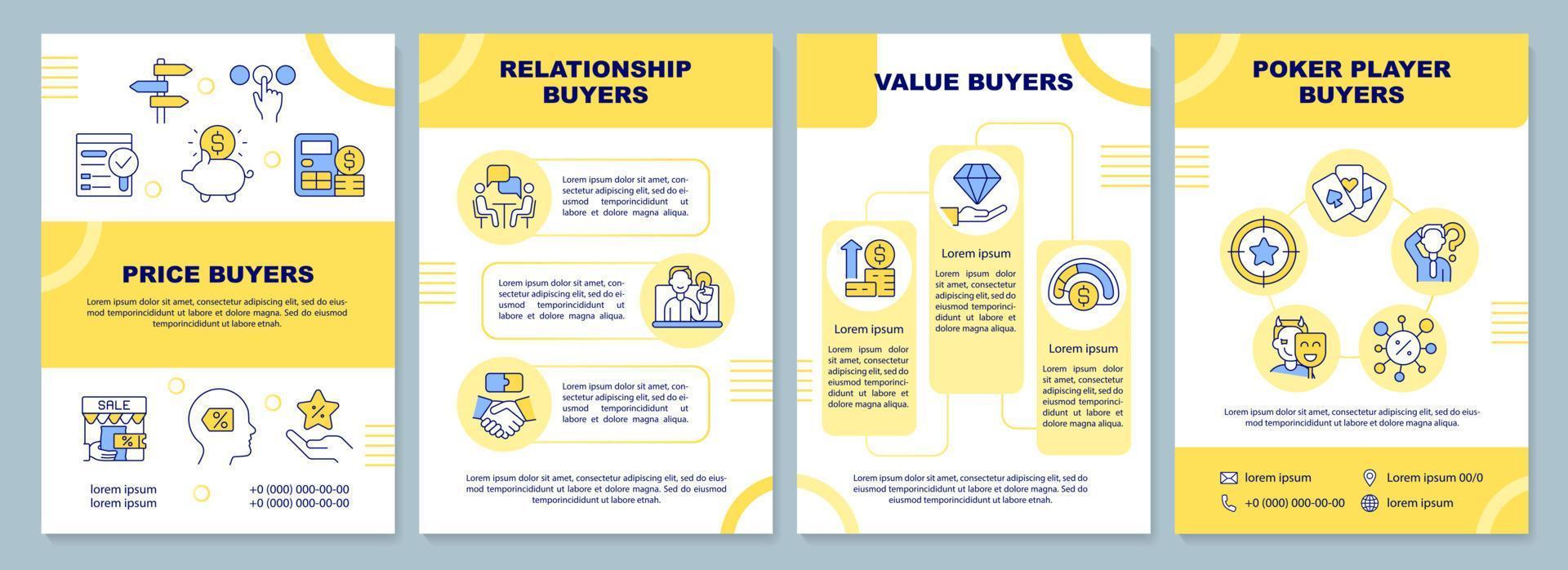 Dealing with customers yellow brochure template. Marketing. Leaflet design with linear icons. Editable 4 vector layouts for presentation, annual reports
