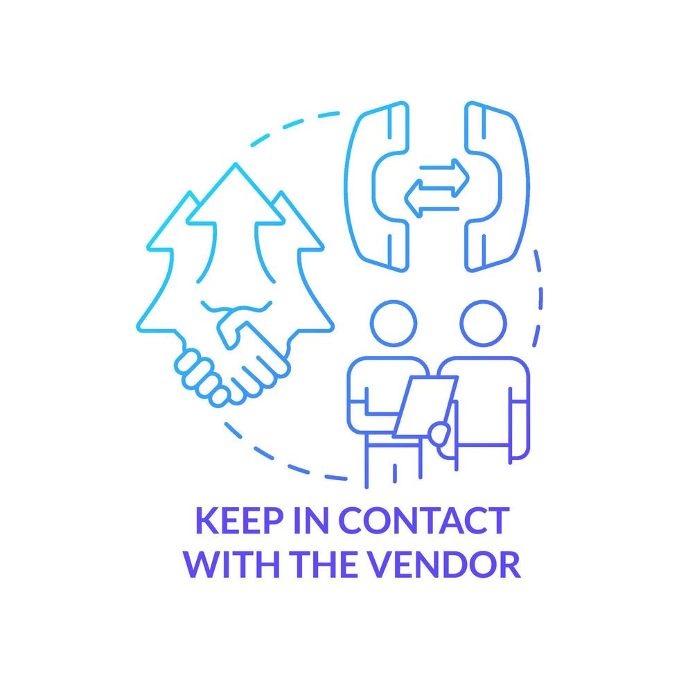 Keep in contact with vendor blue gradient concept icon. Purchasing process flow abstract idea thin line illustration. Good relationships. Isolated outline drawing vector