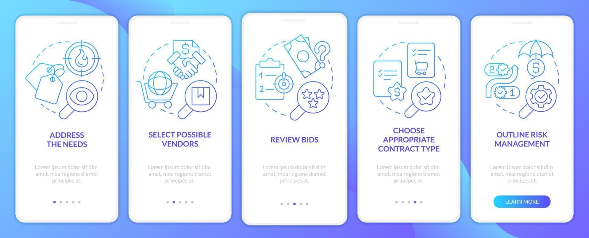 Procurement management plan blue gradient onboarding mobile app screen. Walkthrough 5 steps graphic instructions with linear concepts. UI, UX, GUI template vector