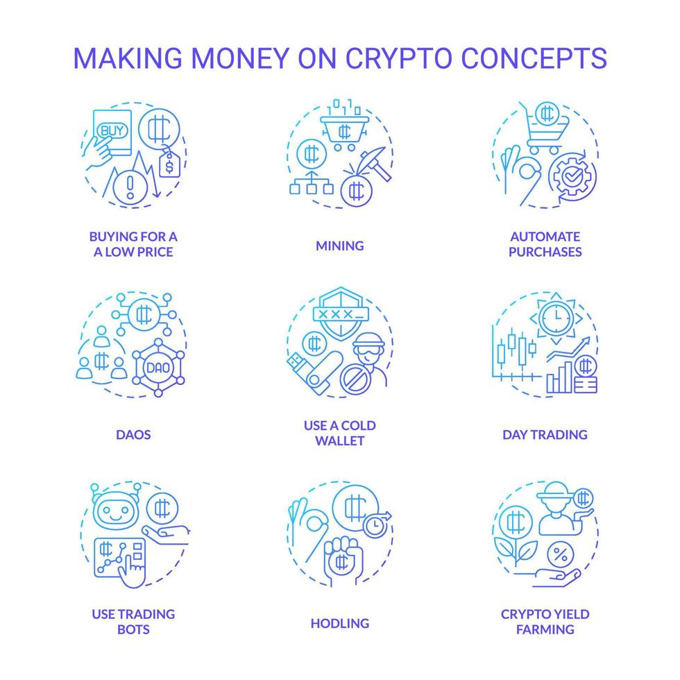 Making money on crypto blue gradient concept icons set. Cryptocurrency mining. Digital finance idea thin line color illustrations. Isolated symbols vector