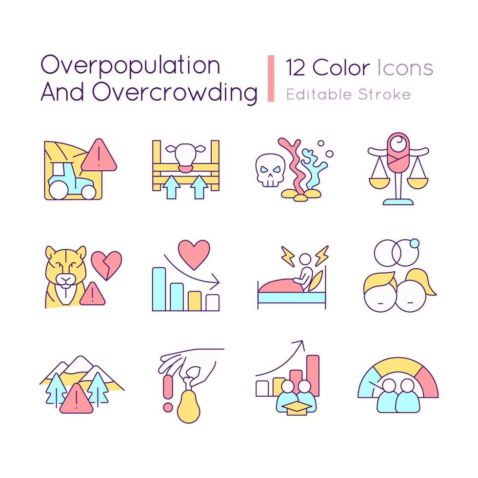 Overpopulation and overcrowding RGB color icons set. Global problems impact. Isolated vector illustrations. Simple filled line drawings collection. Editable stroke