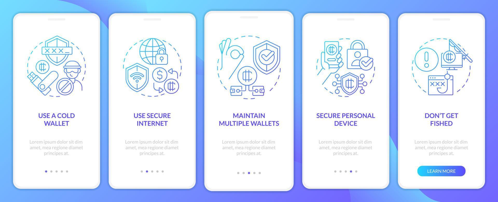 Crypto wallet security blue gradient onboarding mobile app screen. Earnings walkthrough 5 steps graphic instructions with linear concepts. UI, UX, GUI template vector