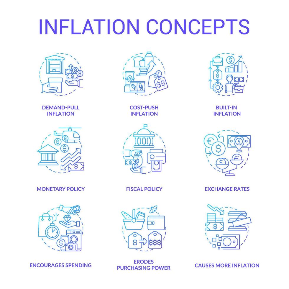 Inflation blue gradient concept icons set. Types and causes. Increasing prices. Purchasing power idea thin line color illustrations. Isolated symbols vector