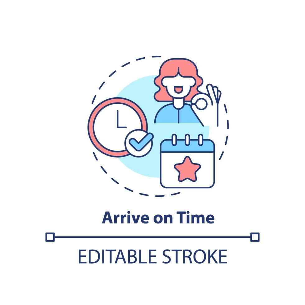 Arrive on time concept icon. Common business event etiquette rule abstract idea thin line illustration. Isolated outline drawing. Editable stroke vector