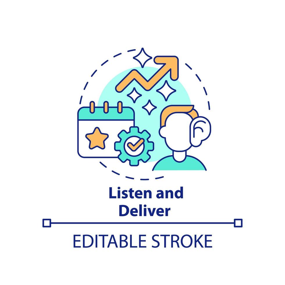 Listen and deliver concept icon. Increasing business meeting attendance abstract idea thin line illustration. Isolated outline drawing. Editable stroke vector