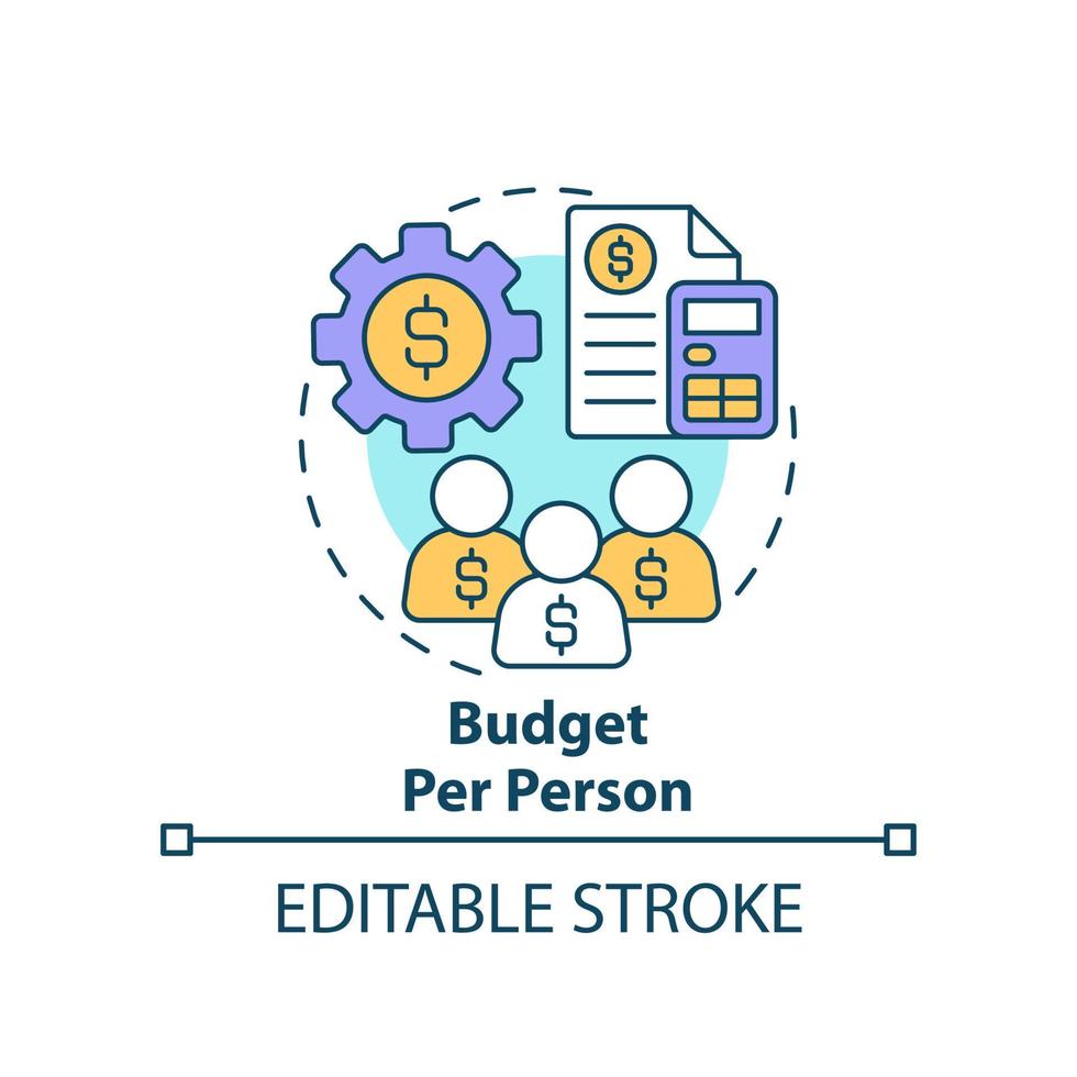 Budget per person concept icon. Calculating costs. Planning small event abstract idea thin line illustration. Isolated outline drawing. Editable stroke vector